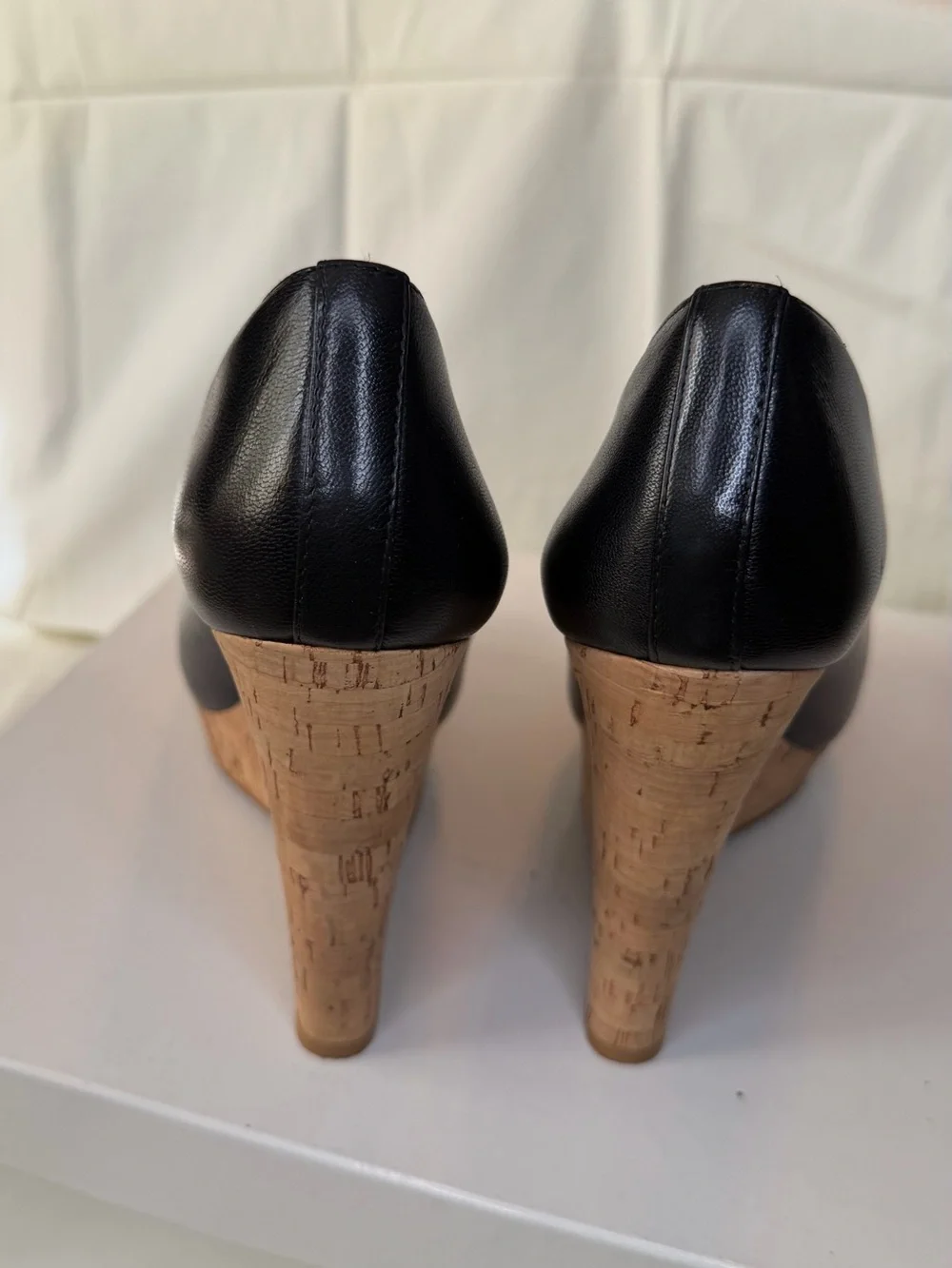 Nine West Black Peep-Toe Platform Wedges with Cork Trim